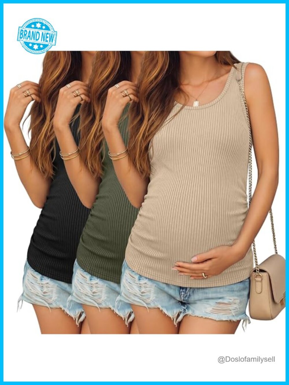 3 Pack Maternity Tank Tops Sleeveless Ribbed Knit Side Ruched Crew Neck